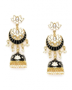 Zaveri Pearls Black & White Meenakari Lotus Design Traditional Kundan Jhumki 