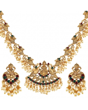 Shining Diva Fashion Latest Design 18k Gold Plated Stylish Traditional Party Wear Temple Pearl Necklace Jewellery Set for Women
